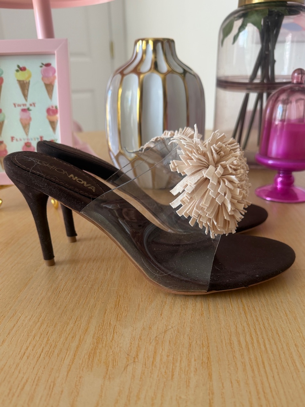 Fashion Nova Black Clear Strap Mule Heels with Beige Pom
